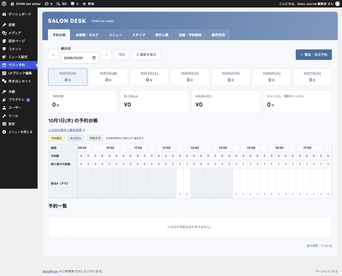 WordPress管理画面のSalon Booking予約台帳。日別の予約件数と時間帯別の受付状況を確認できます。